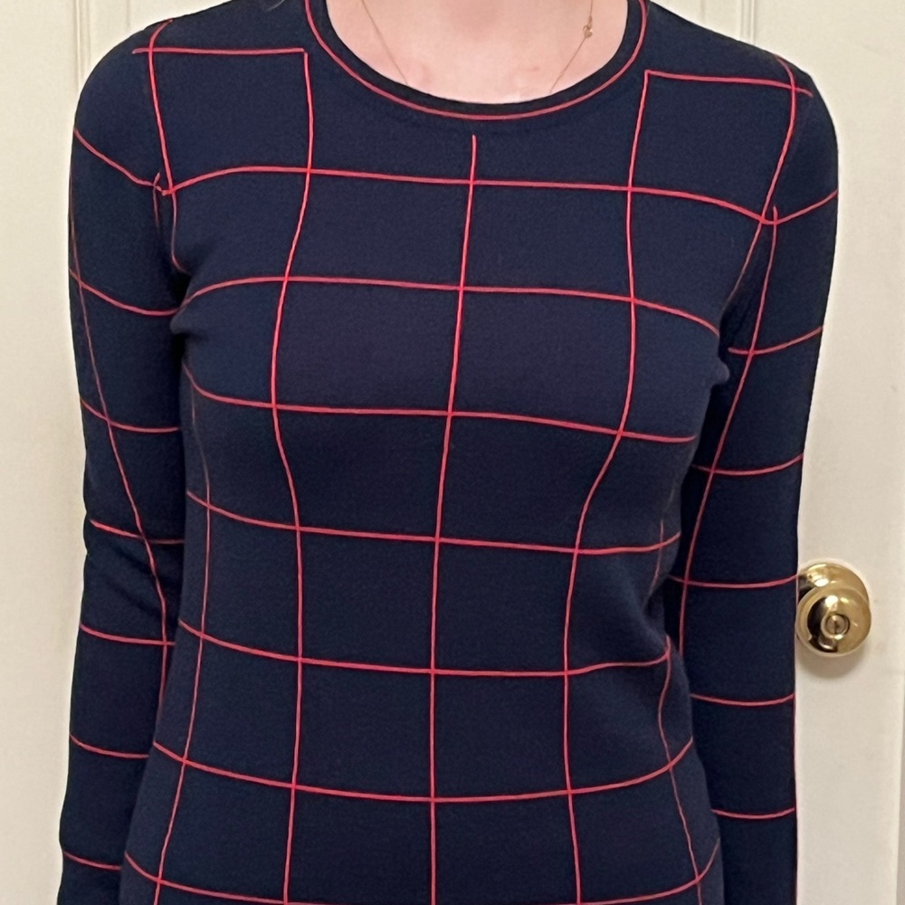 Lacoste Navy Sweater with Red Grid Pattern